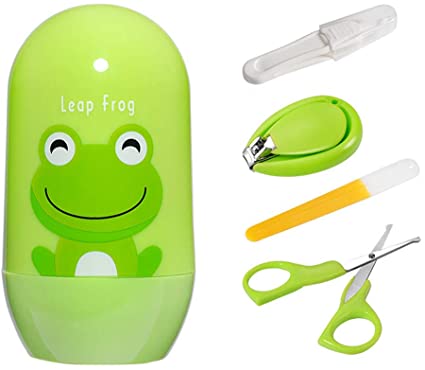 Newborn Baby Nail Clipper Kit 4in1 Baby Manicure Kit Safe Baby Nail Clippers Scissors Tweezers Nail Files-Baby Nail Clippers Set with Cute Frog Box for Newborns Babies Toddlers Child (Green)