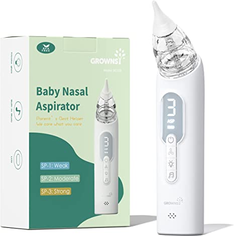 GROWNSY Upgrade Baby Nose Sucker, Rechargeable Nasal Aspirator for Baby, Electric Nose Suction for Baby with Advanced Soothing Music and Light Design, Food-Grade Silicone Tips, 3 Suction Modes