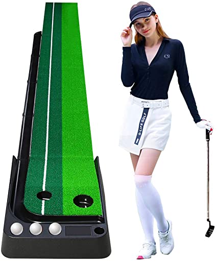 Wekin Green Golf Putting Mat with Auto Ball Return Function, 2 Holes/ 9.8 Feet Mini Golf Practice Training Aid, Dual-Track Putting Control Accuracy, Great for Use at Home & Office, Include 3 Balls