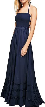 R.Vivimos Women Summer Cotton Sexy Blackless Long Dresses