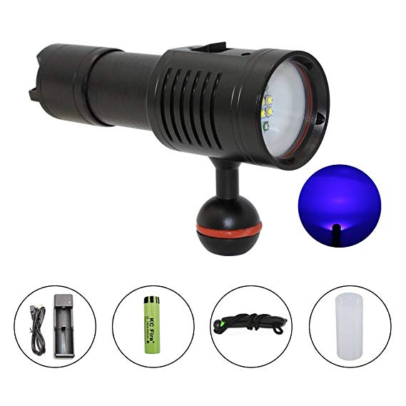 KC Fire Diving Light Underwater 100M Video/Photography Professional Scuba Diving Flashlight, 1800 Lumens 6 Modes 4 XP-G2 LED   2 UV LEDs Tactical Torch