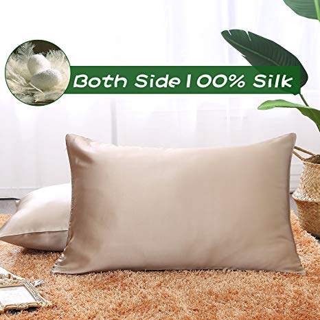 Ethereal Lomoer 100% Natural Pure Silk Pillowcase for Hair and Skin, Both Side 19mm, Hypoallergenic, 600 Thread Count, Luxury Smooth Satin Pillowcase with Hidden Zipper (Taupe, Standard Size)