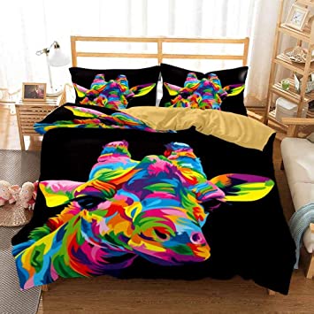 Animal Boys Girls Bedding Cover Set Pop Art Animals Colorful Giraffe Black Duvet Cover 3 Pieces (Queen Size 2 Pillowcases) Ultra Soft Microfiber Duvet Cover Set