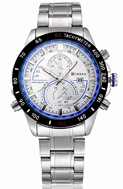Voeons Mens Watches Luminous Hands Silver Band Blue Dial with Calendar