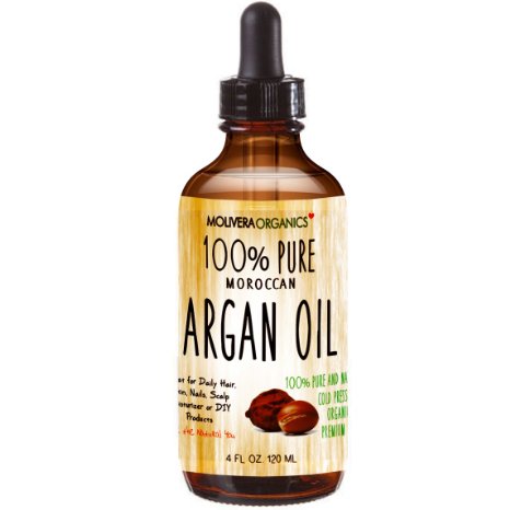 Molivera Organics Premium Argan Oil 4 Fl Oz 100 Pure Moroccan Organic Triple Extra Virgin Cold Pressed Best for Hair Skin Face and Nails - Great for DIY - UV Resistant Bottle-Satisfaction Guarantee