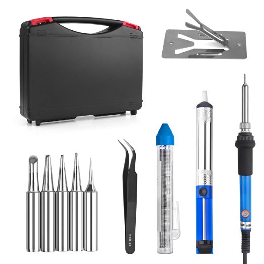 7 in 1 Adjustable Temperature Welding Soldering Iron Kit 60W 110V US Plug 6pcs, anti-static Tweezers and Additional Solder Tube for Variously Repaired Usage