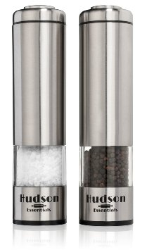 Hudson Electric Salt and Pepper Grinder Set - Ceramic Blade & Stainless Steel Construction - Set of 2 Automatic Mills
