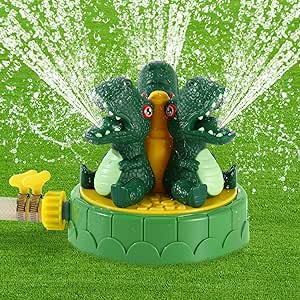 MoKo Dinosaur Sprinkler for Kids-Cute Outdoor Water Toy Spray Swimming Pool Toy with 2 Hose Clamps 3 Nozzles Fun Summer Play Water Toys for Backyard Lawn Garden Game Activities Pet Boys Girls, Green