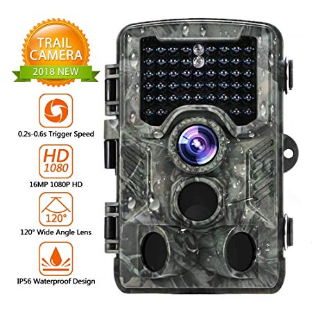 FUNSHION Trail Camera 16MP 1080P Hunting Camera 2.4 inch LCD IP56 Waterproof 46 Infrared LEDs Night Vision Range 25 Yards 120°Wide Angle Lens Game Camera 0.2s-0.6s Triggering Time Wildlife Camera