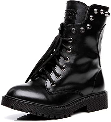 Shenn Women's Round Toe Mid Calf Punk Military Combat Boots