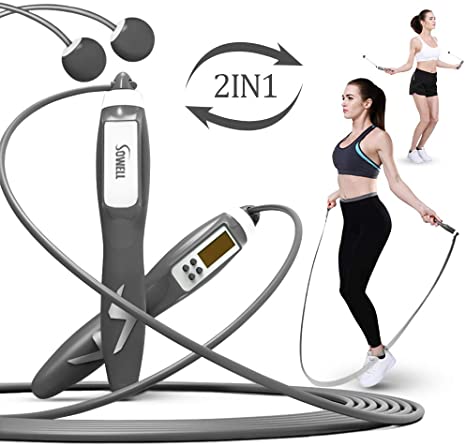 ZOESOE Jump Rope, Skipping Rope with Digital Counting, Timing and Calorie Measurement Functions for Indoor and Outdoor Fitness Training, Cordless Skipping Rope