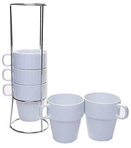 Set of 5 White Mugs in Metal Stand Large Stacking Mugs Coffee Cup