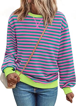 Trendy Queen Sweatshirts for Women 2024 Fall Crewneck Striped Long Sleeve Shirts Preppy Tops Y2K Winter Outfits Clothes