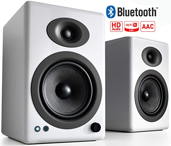 Audioengine A5  150W Wireless Bookshelf Speakers | Built-in Analog Amplifier | aptX HD Bluetooth 24 Bit DAC, RCA and 3.5mm inputs | Solid Aluminium Remote Control | Cables included (Bluetooth, White)