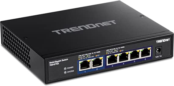 TRENDnet 6-Port 10G Switch, 4 x 2.5G RJ-45 Base-T Ports, 2 x 10G RJ-45 Ports, 60Gbps Switching Capacity, Wall Mountable, 10 Gigabit Network Connections, Lifetime Protection, Black, TEG-S762