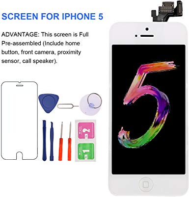 MAFIX Full Assembly Screen Replacement for iPhone 5, 4.7” [White] with Home Button, Front Camera,Earspeaker & Proximity Sensors-LCD Display Digitizer Touch Screen Repair Kits,Fit Model A1428/A1429