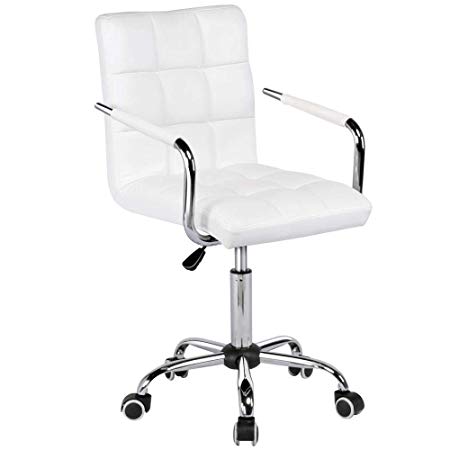 Yaheetech White Faux Leather Swivel Computer Desk Chair Adjustable Gas Lift Stool Home Office Study Room Furniture