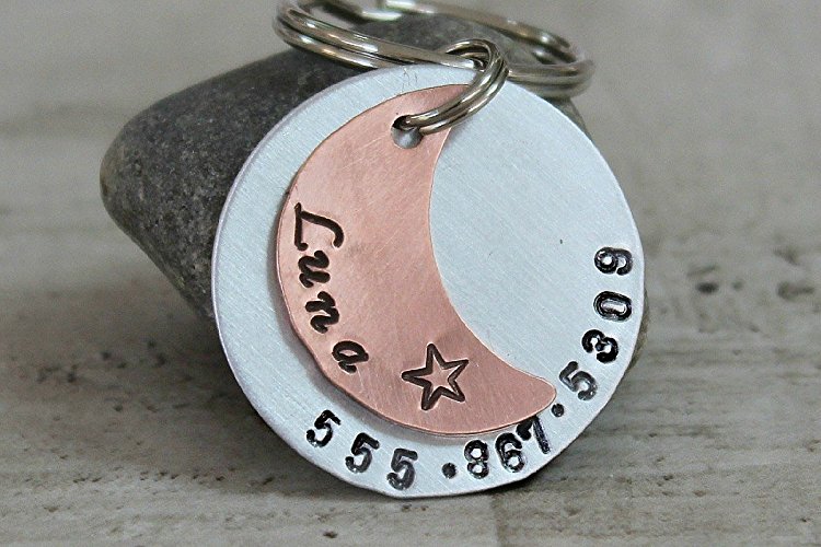 Celestial moon pet tag, key chain, backpack pull, or luggage tag made of lightweight but durable aluminum and pure 18 gauge copper