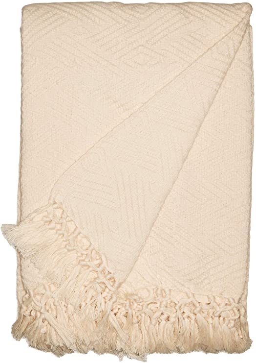 Whisper Organics Organic Cotton Throw Blanket GOTS Certified - Diamond Jacquard Weave (60x80, Natural)