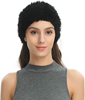 Ferand Women's Soft Real Rex Rabbit Fur Knitted Headband, Dual-use as Warm Snood Scarf for Winter
