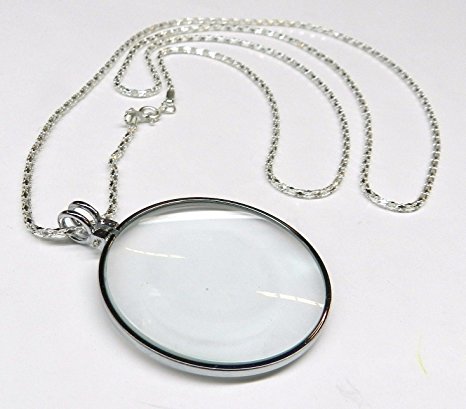 GC - 5X Necklace Magnifier 1-3/4" Glass Lens 36" Silver Chrome Chain MONOCLE SPECTACLE US FAST FREE SHIPPER