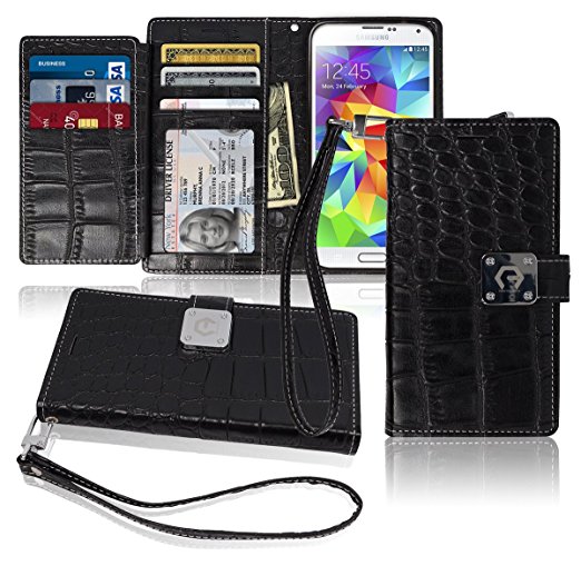 S5 Wallet Case, Matt [ 8 Pockets ] 7 ID / Credit Card 1 Cash Slot, Power Magnetic Clip With Wrist Strap For Samsung Galaxy S5 Leather Cover Flip Diary (Black)