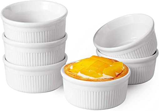 ComSaf 6 oz Porcelain Ramekin Bowls for Baking, Souffle Dish for Creme Brulee, Custards, Pudding, Dessert, Ice Cream, Dipping Sauce, Set of 6, White