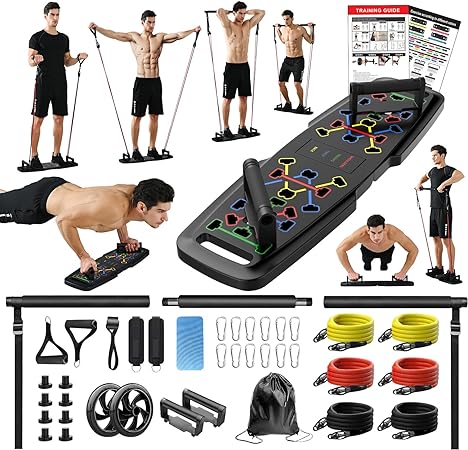 Push Up Board,Home Gym,Portable Exercise Equipment,Pilates Bar & 20 Fitness Accessories with Resistance Bands & Ab Roller Wheel,Full Body Workout at Home