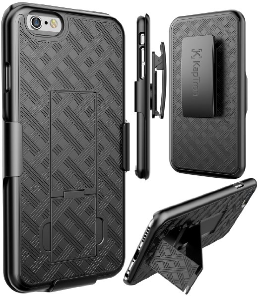 iPhone 6S case, Kaptron Hybrid Dual Layer Combo Armor Defender Protective Kickstand Holster case with Locking Belt Swivel Clip for iPhone 6S / 6 (Black)