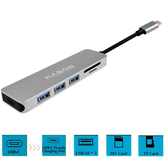 USB C Hub, 6 in 1 Multi Port Type C Adaptor, Type C Combo Hub(Thunderbolt 3) with SD/Micro Card Reader, 3 USB 3.0 Ports, USB-C Female Charging Port for MacBook, iMac and More