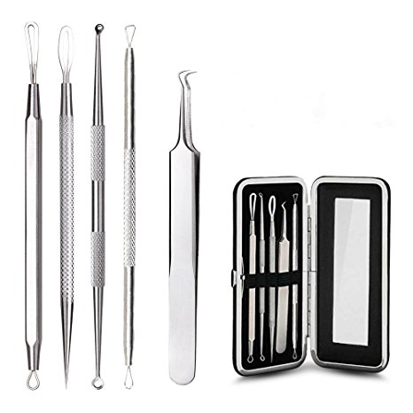 Blackhead Remover Tools Comedone Extractor Kit,Removal Treatment for Whitehead Acne Pimple Blemish Zit by HiCooker - Leather Case with Built-in Mirror,5 tools in 1