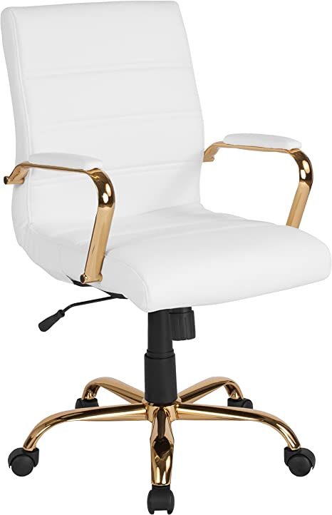 Flash Furniture Mid-Back White Leather Executive Swivel Chair with Gold Frame and Arms