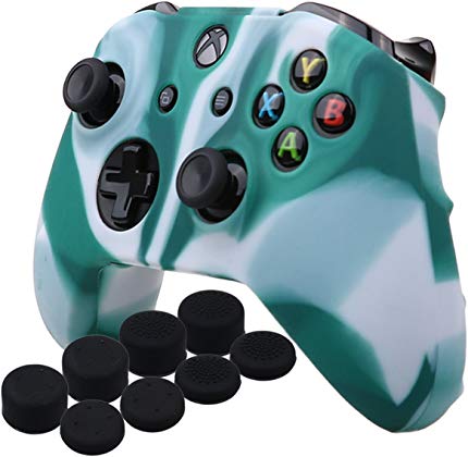 YoRHa Silicone Cover Skin Case for Microsoft Xbox One X & Xbox One S controller x 1(white green) With Pro thumb grips 8 pieces