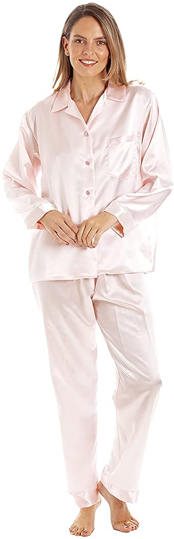Ladies Long Sleeve Button Through Traditional Satin Pyjamas