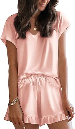 Ekouaer Satin Pajamas for Women Short Sleeve Silk Sleepwear Two Piece Pj Sets with Ruffled Shorts Casual Loungewear