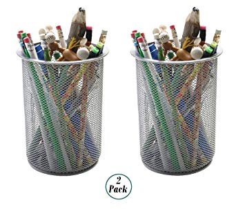 1InTheHome Big Tall Pencil Cup, Silver Wire Mesh ''2 Pack''