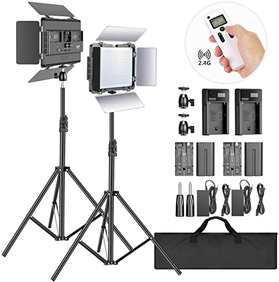 Neewer 2-Pack 2.4G LED Light with 2M Stand Bi-Color 600 SMD CRI 96  LED Panel/Barndoor/LCD Display Video Lighting Kit for Photo Studio Photography, Ball Head/Remote/Battery/Charger/Case Included