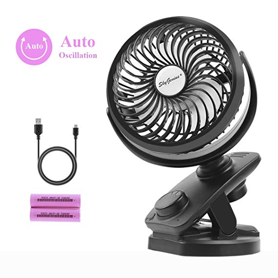 SkyGenius Battery Operated Clip On Oscillating Fan, Rechargeable Battery/USB Powered Desk Fan Mini Portable Personal Fan for Baby Stroller Office Outdoor Camping Travel Car Gym(4400mA)