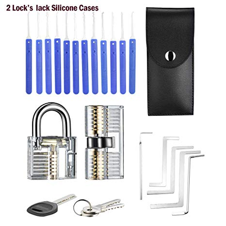 17-Pcs Lock Picking Set | 2 Practice Lock Pick Set with Black Silicone Cases | Professional Training Multitools for Beginner Starter Locksmiths| Transparent Padlocks Kit with Leather Case