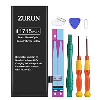 ZURUN 1715mAh High Capacity Li-ion Polymer Replacement iP6s Battery Compatible with iPhone 6s with Repair Replacement Kit Tools Adhesive Strips 0 Cycle -2 Year Warranty (Only for iPhone 6s)