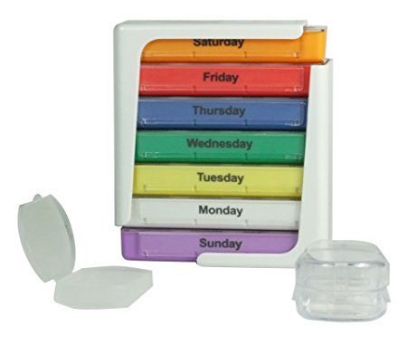 Stackable Weekly Pill Organizer Box with Pill Holder and Splitter - 7 Day 4 Compartment Organizer for Medications 2, 3 or 4 Times a Day - Check Pictures for Size of Compartments