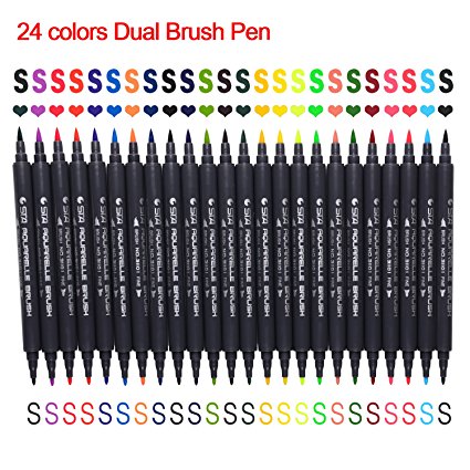 Dual Brush Pen Art Markers, 24 Watercolor Drawing Pens Highlighters with Carrying Case for Painting Coloring,Journaling,Drawing,Lettering, Non-Toxic Water Based Double Brush Pens