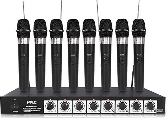 Pyle VHF Wireless System-Rack Mountable 8 Channel Cordless Set w/ 8 Handheld Microphones, Mixed 1/4" Outputs-DJ, Karaoke, Conference Speaker-Pyle PDWM8400