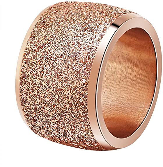 INRENG Women's Stainless Steel Ring Shiny Sequins Pave Sandblast Wide Wedding Band Silver, Rose Gold, Black