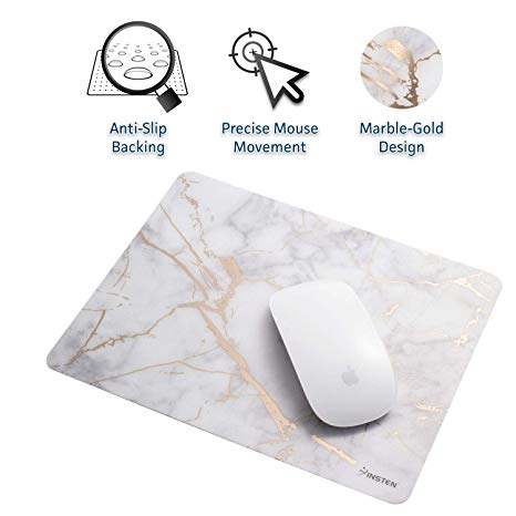 Insten Shiny Marble Mouse Pad - White/Gold Marble, Premium Ultra Slim Hard Plastic, Silky Smooth & Super Light w/Anti Slip Backing, Rectangle Mat for Desktops, PC & Laptops - 9.45" X 7.48"
