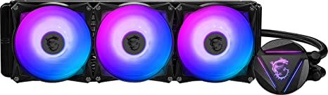 MSI MAG CORELIQUID 360R - AIO RGB CPU Liquid Cooler - Rotating Cap Design - 360mm Radiator - Triple 120mm RGB PWM Fans.