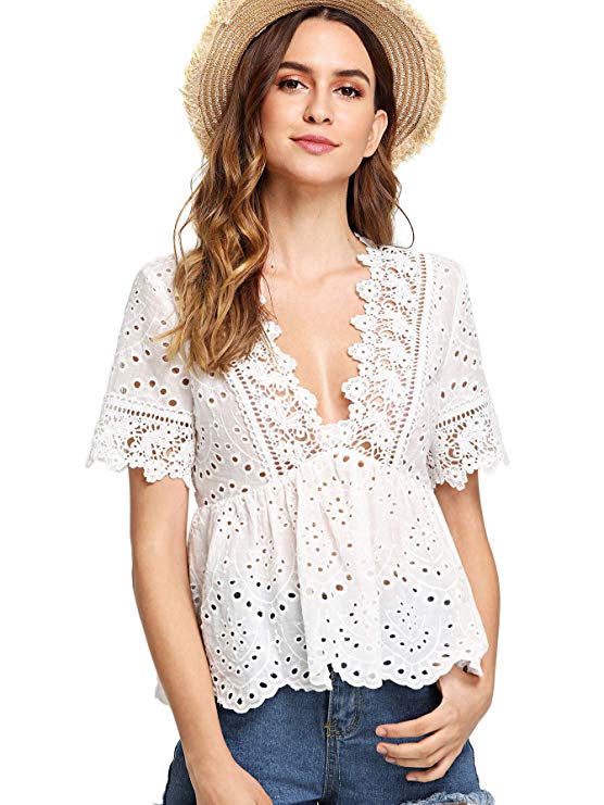 DIDK Women's Sexy Deep V Neck Ruffle Hem Zipper Back Lace Peplum Top Blouse