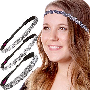 Hipsy Women's Adjustable NO SLIP Bling Glitter Headband Mixed 3pk (Gunmetal)
