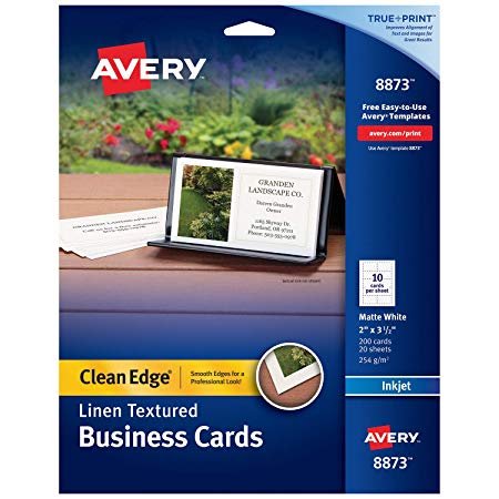 Avery Printable Business Cards, Inkjet Printers, 200 Cards, 2 x 3.5, Clean Edge, Heavyweight, Linen Textured (8873), White