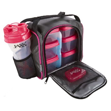 Jaxx FitPak with Portion Control Container Set, Reusable Ice Pack, and Shaker Cup (Black/Pink)